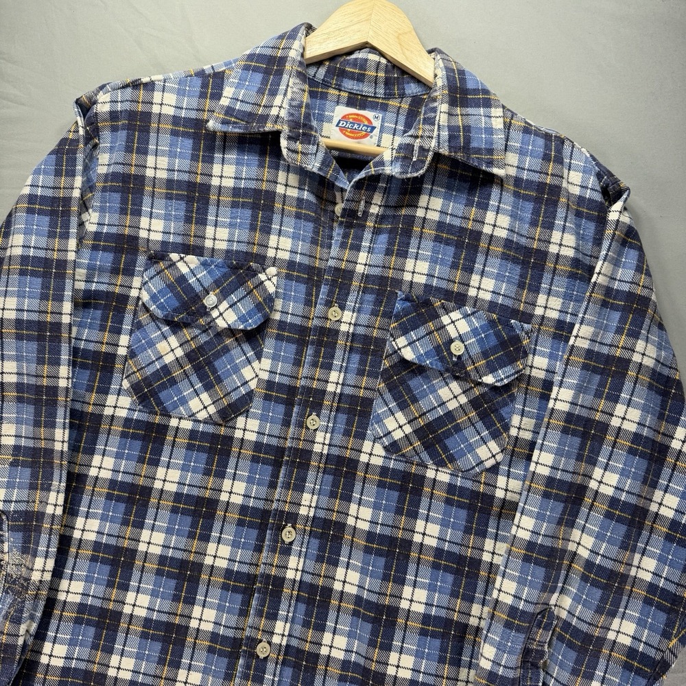 Vintage Dickies Flannel Shirt Mens Medium Plaid Button Up Cotton Blue Outdoor